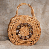 Round Woven Tote Handbag with Coconut Shells