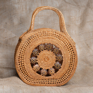 Round Woven Tote Handbag with Coconut Shells