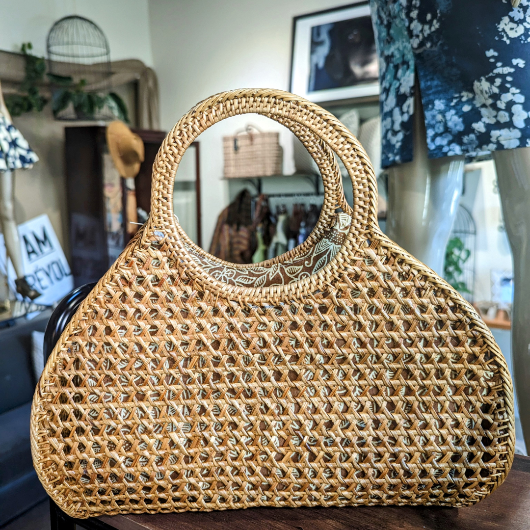 Vintage Woven Wicker Rattan Brass Purse Handbag