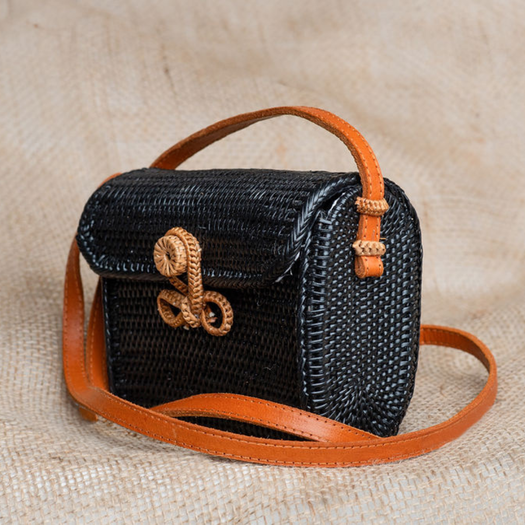 Black sales rattan handbag