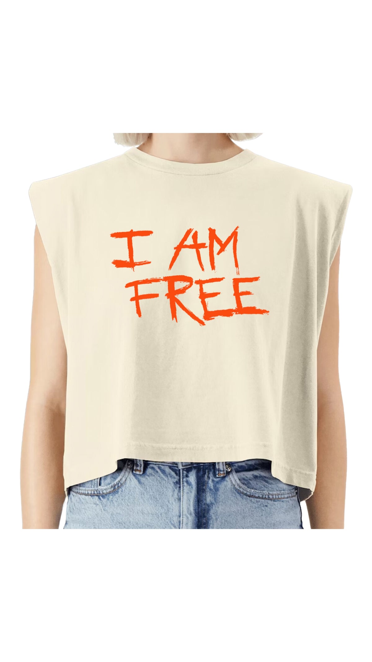 Cream "I Am Free" Tank w/ orange lettering